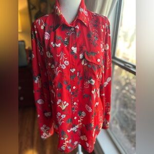 LOFT Red Floral Button Down Blouse | Long Sleeve Utility Shirt | Size L Romantic
